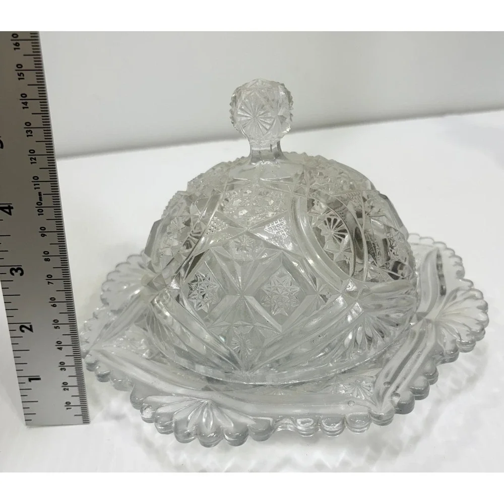 Vintage Clear Pressed Glass Domed Butter Dish Pinwheel Starburst Scalloped Edge‎